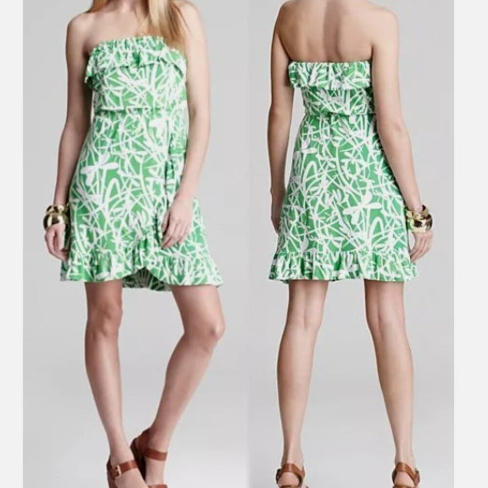 Lilly Pulitzer Flor Green Bean Light My Fire Strapless Ruffle Stretch Dress Sz M